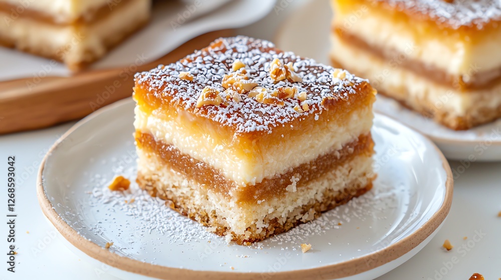 Delicious layered dessert with frosting and crumbs on a white plate, perfect for a sweet treat. Delicious layered dessert with frosting and crumbs on a white plate, perfect for a sweet treat.