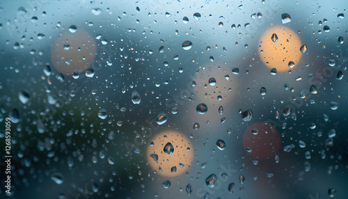 Rainy Day Reflections: Abstract raindrops clinging to a window pane, illuminated by the soft glow of city lights, creating a mesmerizing backdrop of ethereal beauty and a contemplative mood.