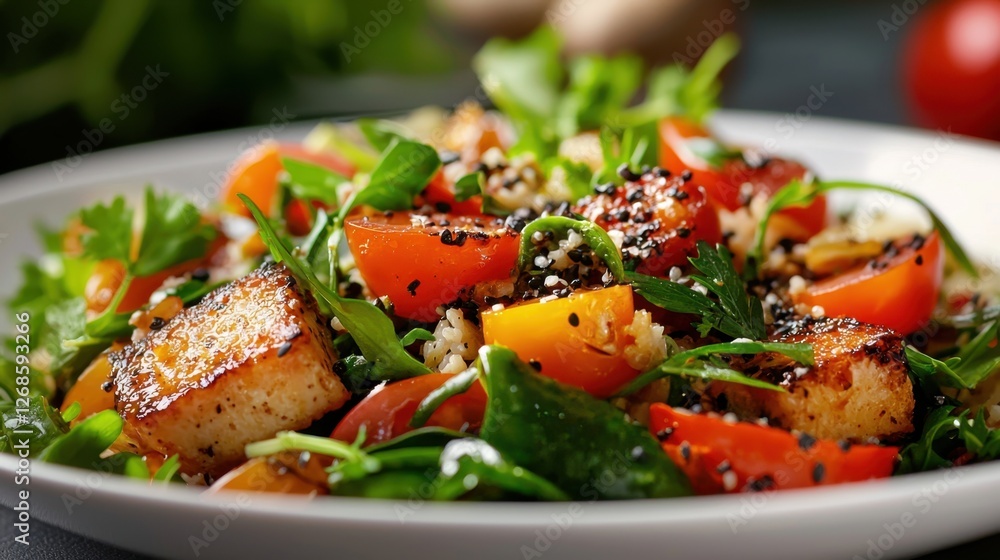A colorful salad featuring fresh greens, ripe tomatoes, and crispy tofu cubes seasoned to perfection. This dish highlights wholesome ingredients, ideal for a healthy meal A colorful salad featuring fresh greens, ripe tomatoes, and crispy tofu cubes seasoned to perfection. This dish highlights wholesome ingredients, ideal for a healthy meal