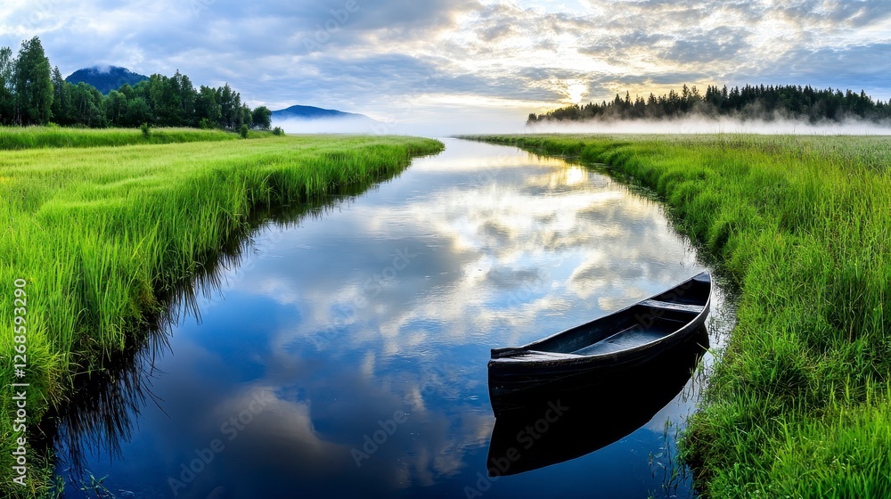 Obraz premium Serene sunrise over a calm river, a small wooden boat gently floats on the still water, surrounded by lush green vegetation and a misty atmosphere