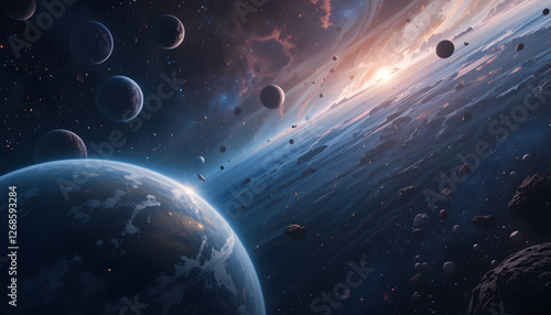 Cosmic Dawn: A breathtaking vista of a distant galaxy, with planets, stars and nebulae bathed in the ethereal glow of a sunrise, capturing the vastness and wonder of the universe.