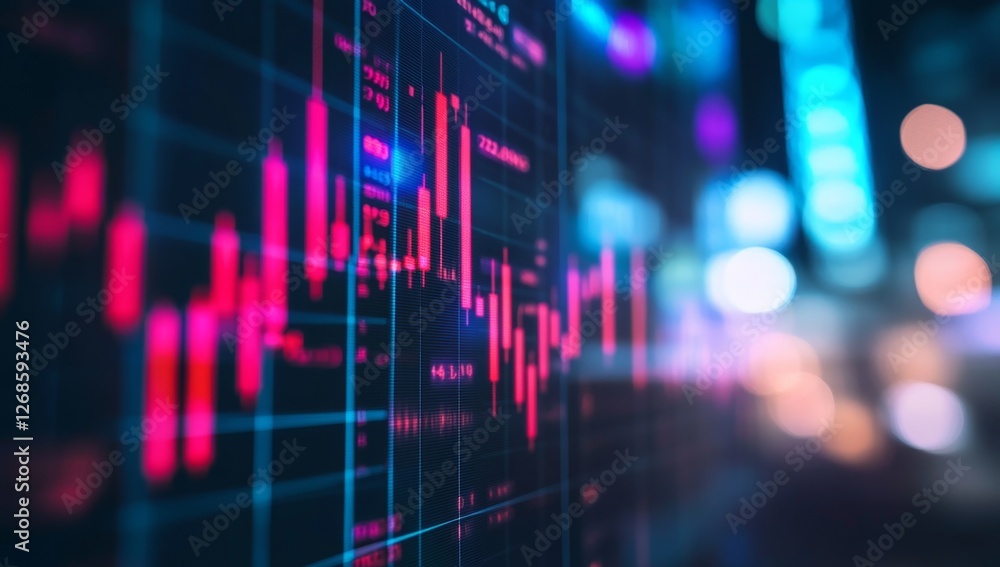 Night city backdrop, stock market data displayed on screen Night city backdrop, stock market data displayed on screen