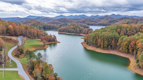 Autumnal Lake Winding Through Colorful Appalachian Mountains
