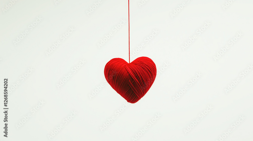 Hanging red yarn - made heart on a white background, suitable for Valentine's Day decorations, cards, and wallpapers. Hanging red yarn - made heart on a white background, suitable for Valentine's Day decorations, cards, and wallpapers.
