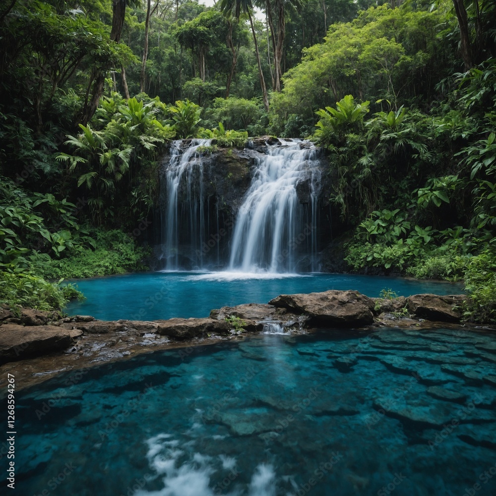 Fototapeta premium A hidden waterfall cascading into a blue pool, surrounded by lush greenery.