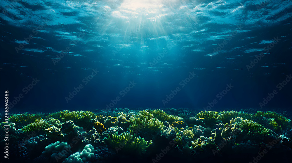 Fototapeta premium Underwater Coral Reef Scene With Sunbeams