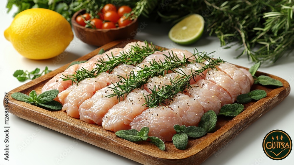 Fresh fish fillets garnished with herbs and citrus for culinary preparation. Fresh fish fillets garnished with herbs and citrus for culinary preparation.