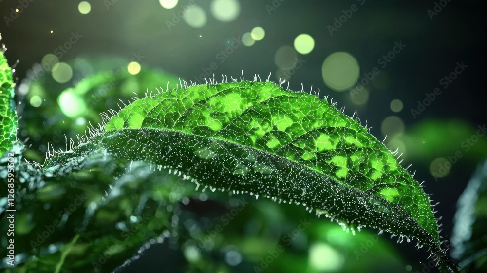 A leaf glows under gentle light in a lush environment, revealing its textured surface and tiny hairs. The background is softly blurred, highlighting the vibrant green color and details A leaf glows under gentle light in a lush environment, revealing its textured surface and tiny hairs. The background is softly blurred, highlighting the vibrant green color and details
