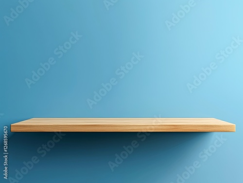 Single floating wooden shelf against a blue wall.