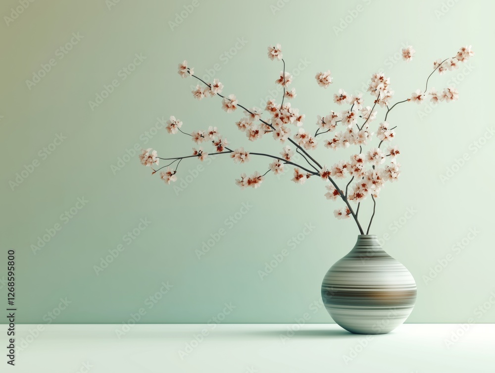 Minimalist cherry blossoms in a glass vase against a soft background.