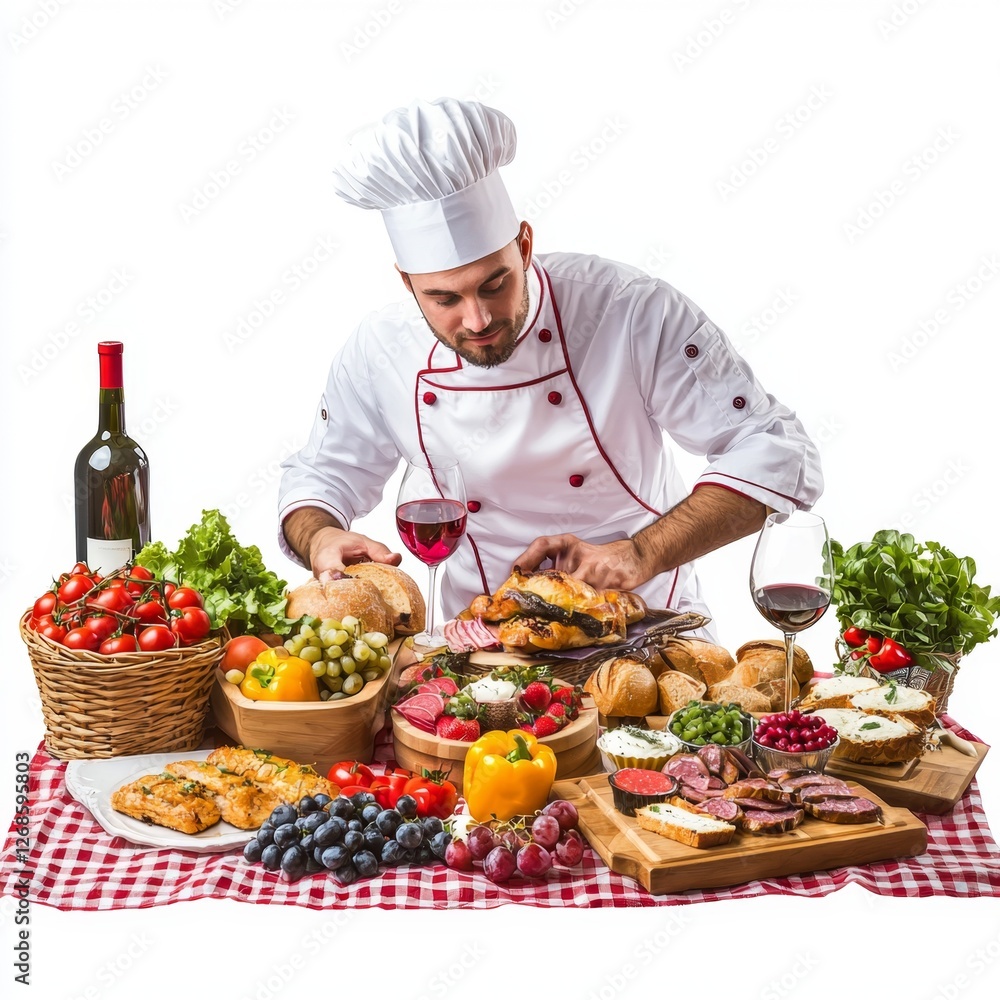 Chef arranging a delicious gourmet spread with fresh ingredients, colorful vegetables, and wine on a checkered tablecloth Chef arranging a delicious gourmet spread with fresh ingredients, colorful vegetables, and wine on a checkered tablecloth