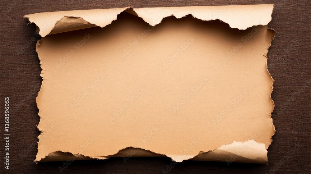 A piece of light brown parchment paper with uneven edges rests on a dark brown textured background. The paper's aged appearance and frayed edges A piece of light brown parchment paper with uneven edges rests on a dark brown textured background. The paper's aged appearance and frayed edges