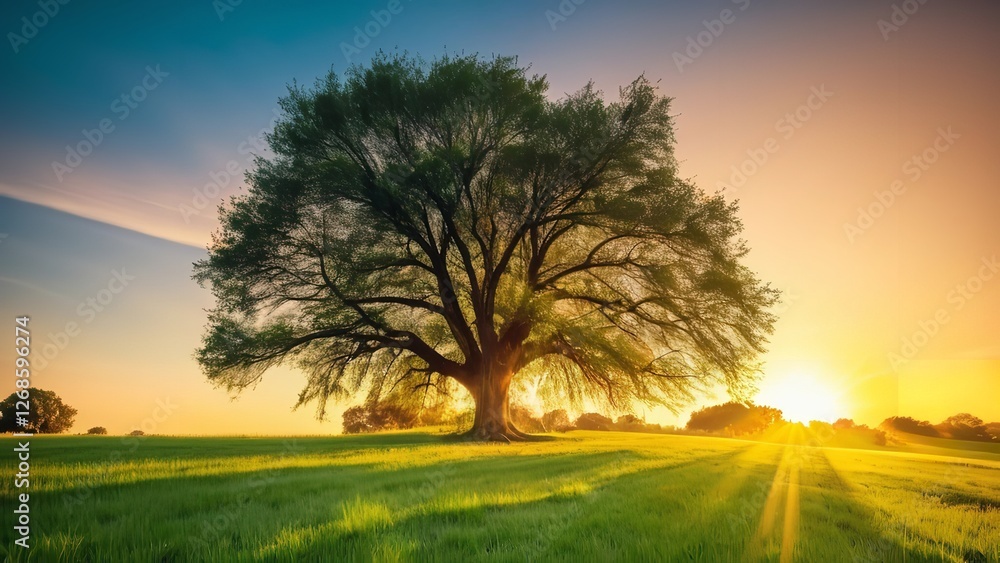 Fototapeta premium a tree is standing in the middle of a field in front of a sun setting