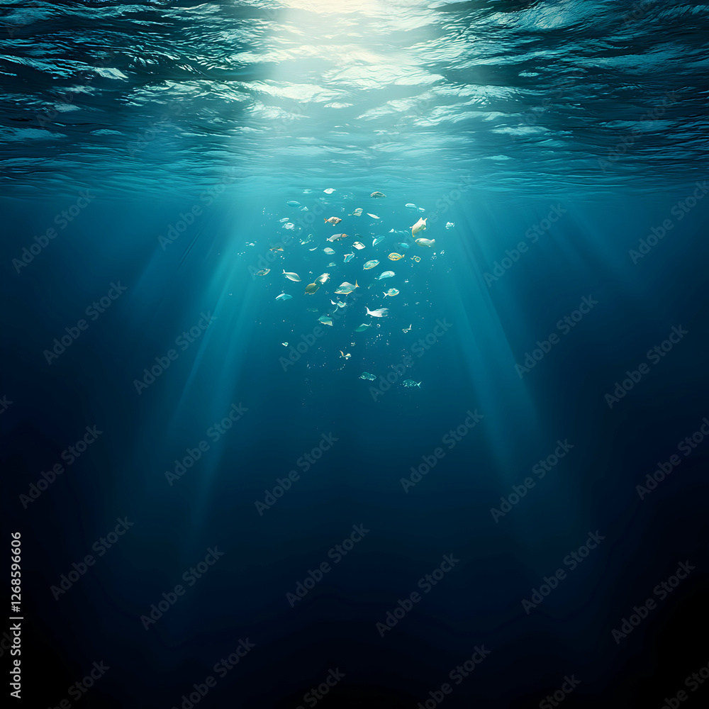 Fototapeta premium Underwater Sunlight Rays Illuminating Dark Blue Ocean Depth