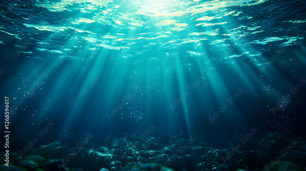 Fototapeta premium Underwater Sunlight Rays Illuminating Dark Blue Ocean Floor