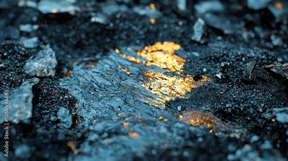 Sunlight glimmers on a shallow puddle formed on a gravelly surface, reflecting warm hues amidst the cool tones of dark stones in the afternoon light Sunlight glimmers on a shallow puddle formed on a gravelly surface, reflecting warm hues amidst the cool tones of dark stones in the afternoon light