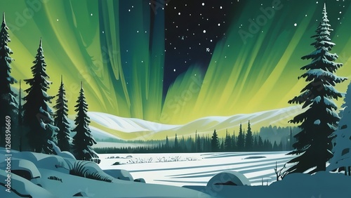 a person skiing down a snow covered trail in the night sky, surrounded by trees