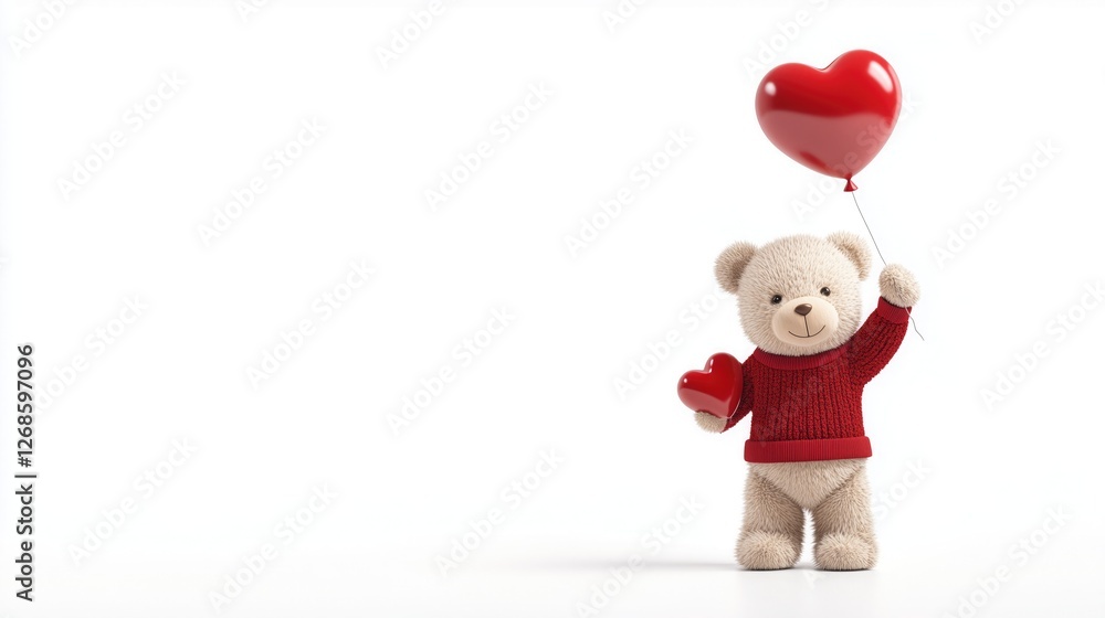 Teddy bear in a red sweater holding a red heart - shaped balloon and a small red heart, great for Valentine's Day decorations, cards, and wallpapers. Teddy bear in a red sweater holding a red heart - shaped balloon and a small red heart, great for Valentine's Day decorations, cards, and wallpapers.