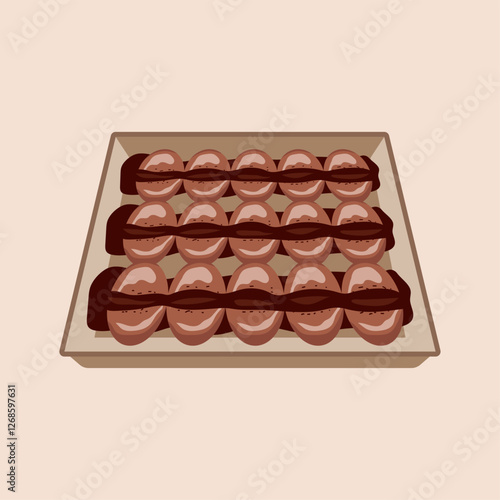 Sweet Treat: A flat lay of a delectable chocolate-drizzled dessert in a takeaway container, perfect for your next menu or food blog