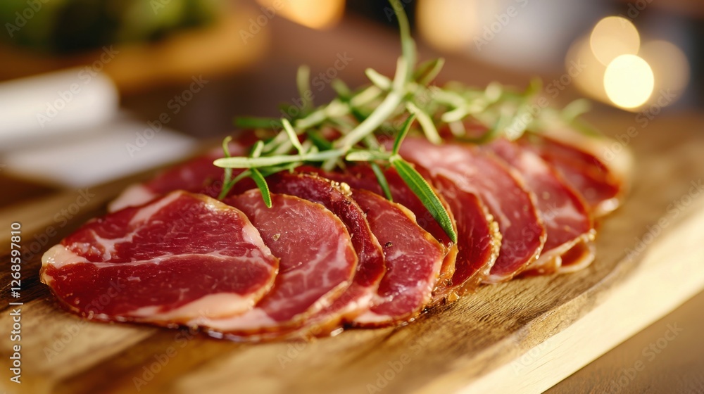 A carefully arranged display of thinly sliced cured meat is complemented by fresh herbs atop a wooden board. The atmosphere is inviting and warm, perfect for a culinary experience A carefully arranged display of thinly sliced cured meat is complemented by fresh herbs atop a wooden board. The atmosphere is inviting and warm, perfect for a culinary experience