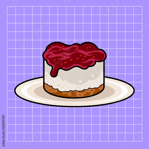 Sweet Treat: A delicious-looking cheesecake topped with a generous layer of red fruit sauce, presented on a white plate. Perfect for use in menus, recipe blogs, or food-related marketing materials