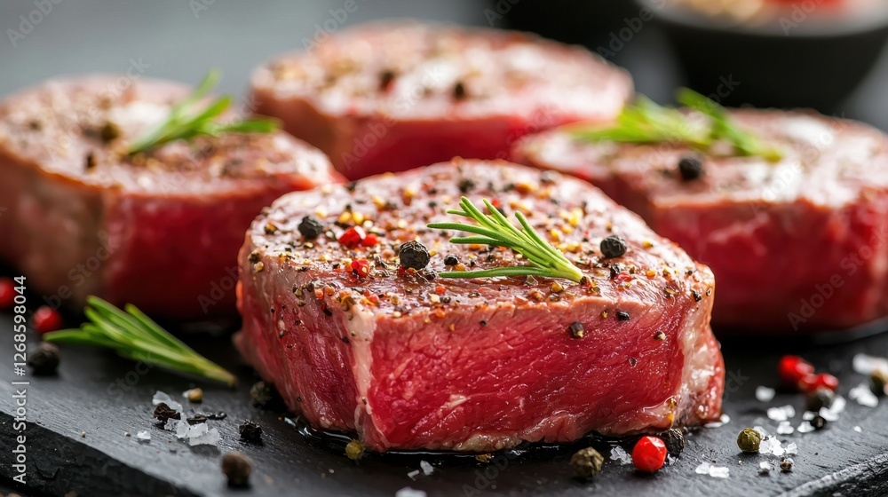Four raw beef steaks are displayed on a black cutting board, seasoned with a mix of spices and garnished with sprigs of rosemary, ready for cooking Four raw beef steaks are displayed on a black cutting board, seasoned with a mix of spices and garnished with sprigs of rosemary, ready for cooking