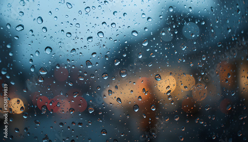 Rain-Streaked Window: A close-up of raindrops clinging to a glass windowpane, blurring the urban cityscape beyond. The city lights shimmer through the watery lens, creating a soft, ethereal glow.