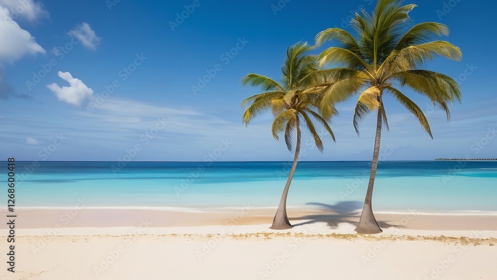 Fototapeta premium two palm trees sitting next to the ocean on a beach against a blue sky and white clouds