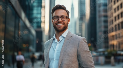 Smiling and confident businessman in a smart suit, standing in front of a large city with blurred buildings behind him, embodying professionalism and optimism for the future in an urban setting. photo