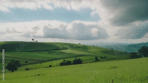 a green hills has a blue sky in the background and is cloudy over it and a hill with some trees on top
