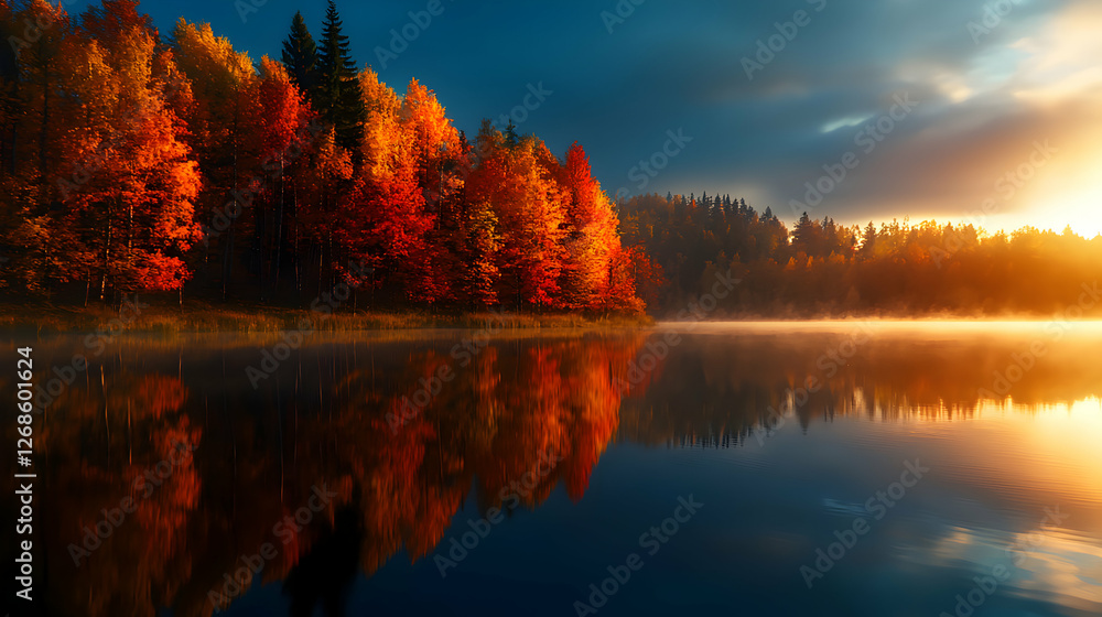Obraz premium Vibrant Autumn Sunrise Over Foggy Lake