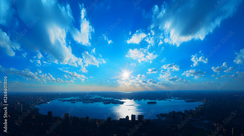 Vibrant Blue City Sunset Over Calm Ocean Waters