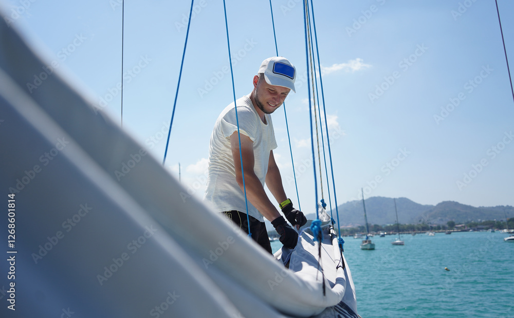 Male captain on deck of sailboat unpacking sails pulling zipper Male captain on deck of sailboat unpacking sails pulling zipper