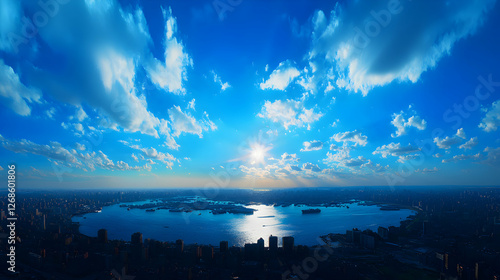 Obraz na płótnie Vibrant Blue City Sunset Over Calm Ocean Waters w salonie