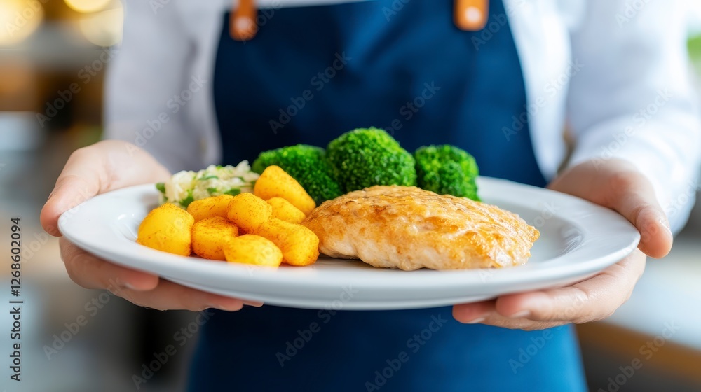 A server presents a plated meal featuring grilled fish, roasted potatoes, and steamed broccoli. The food is attractively arranged on a white plate A server presents a plated meal featuring grilled fish, roasted potatoes, and steamed broccoli. The food is attractively arranged on a white plate