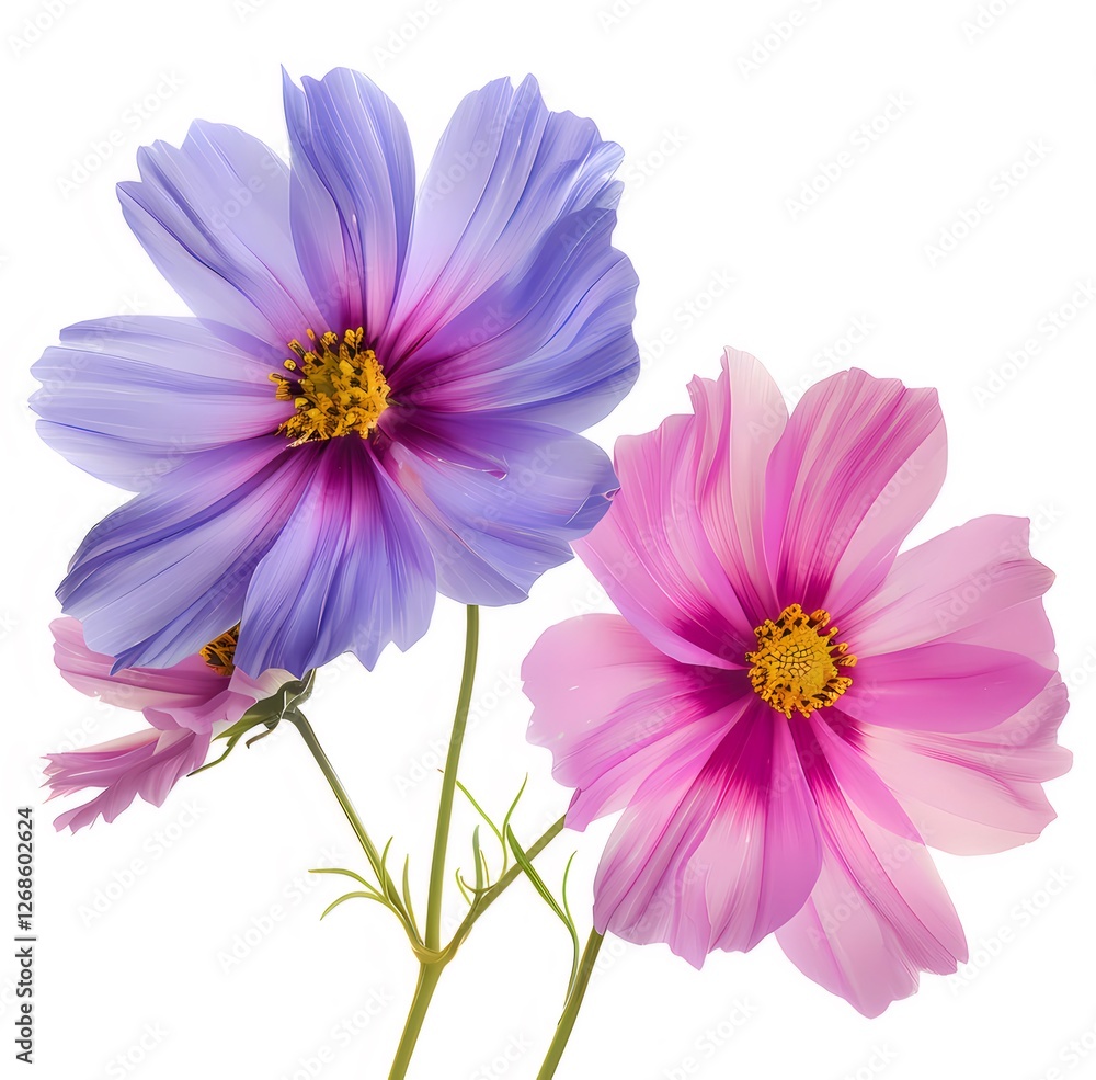 Two cosmos flowers, isolated, white background, spring Two cosmos flowers, isolated, white background, spring