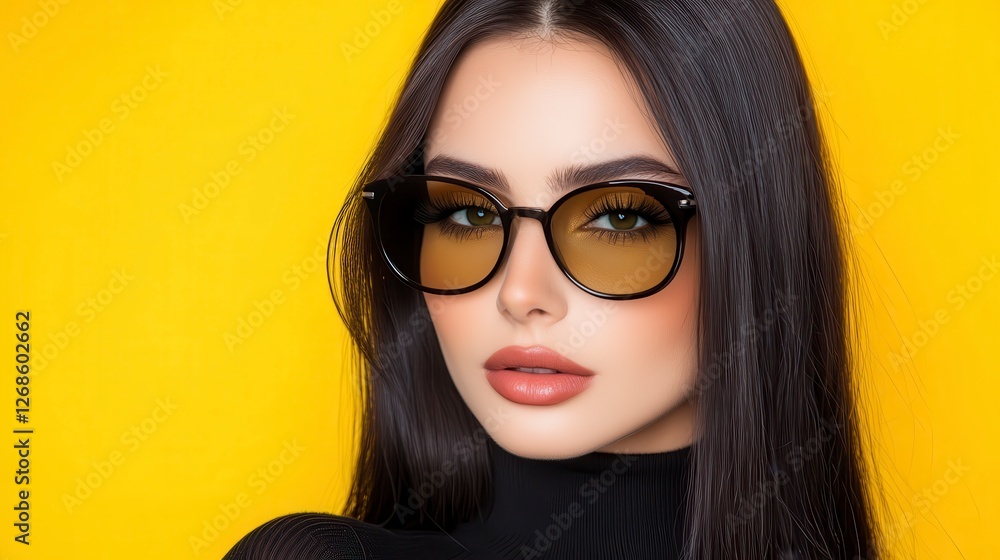 Closeup portrait of a young woman with long dark hair wearing stylish amber sunglasses against a vibrant yellow background. She is wearing a black Closeup portrait of a young woman with long dark hair wearing stylish amber sunglasses against a vibrant yellow background. She is wearing a black