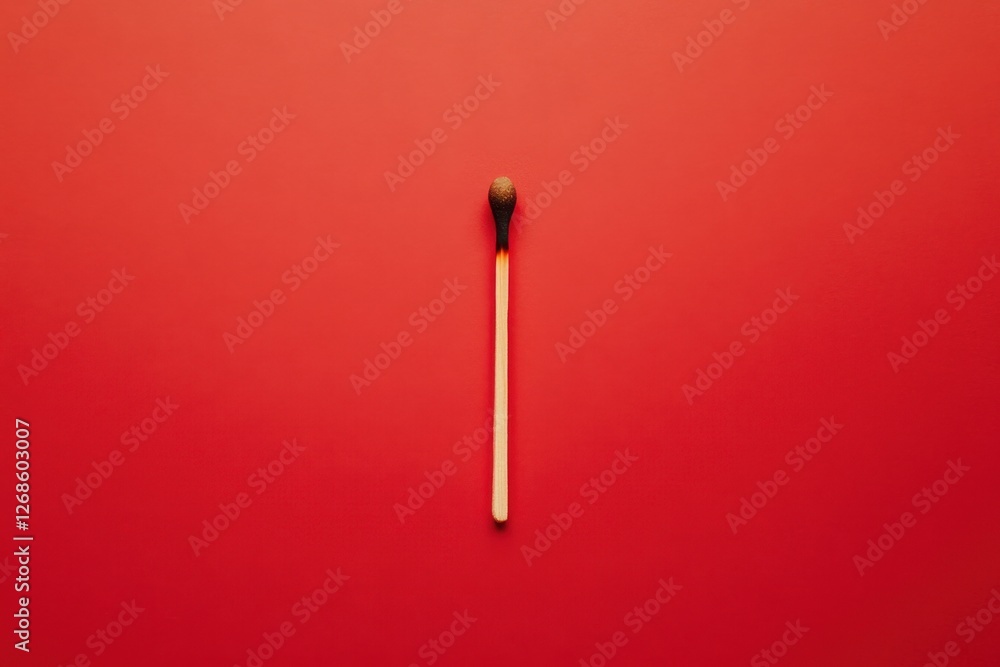 A single used matchstick on a red background is shown A single used matchstick on a red background is shown