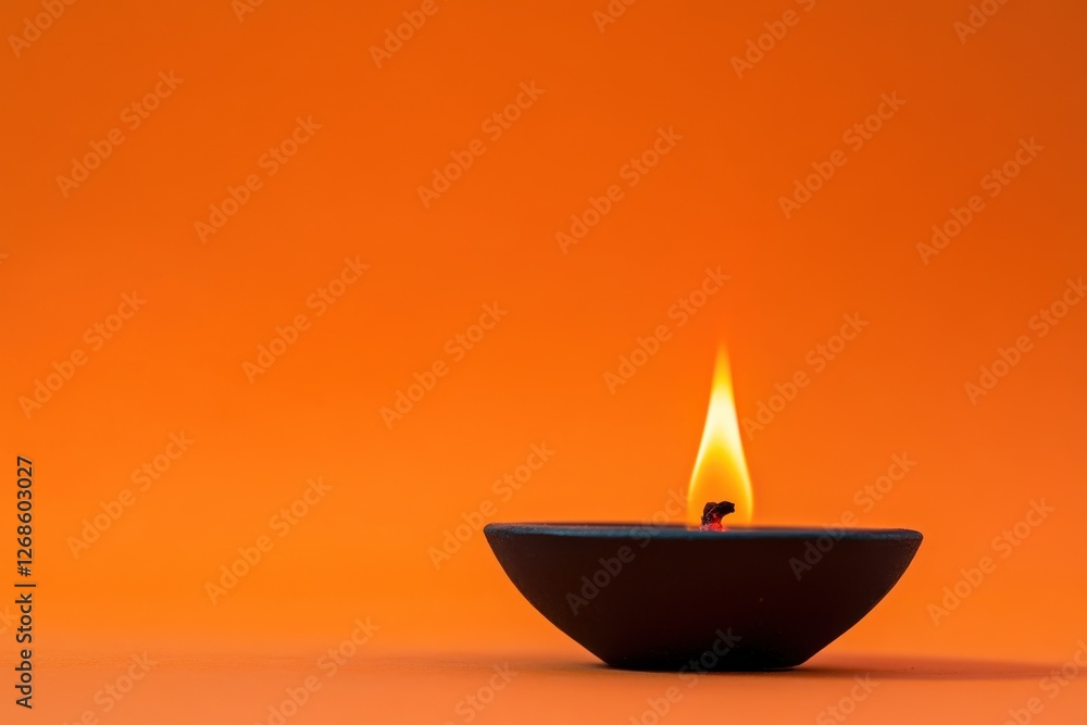 A diya oil lamp burns against an orange background A diya oil lamp burns against an orange background