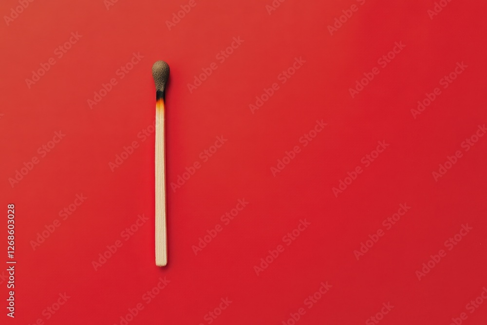 A burnt matchstick lays on a solid bright red background A burnt matchstick lays on a solid bright red background