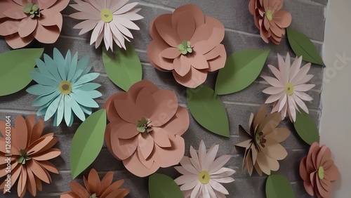 a person in blue shirt taking a selfie in front of some paper flowers on a wall