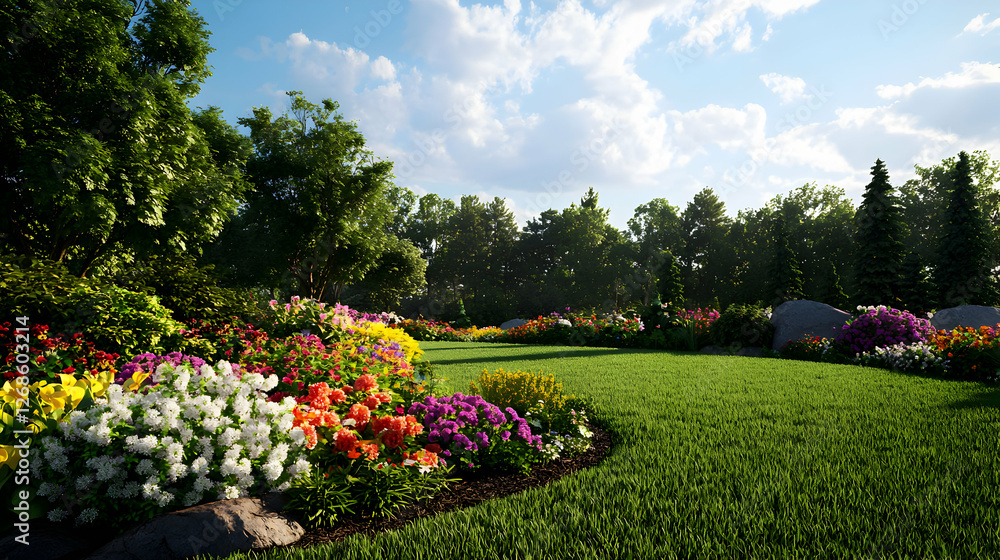 Obraz premium Vibrant Flower Garden Landscape Under Sunny Sky