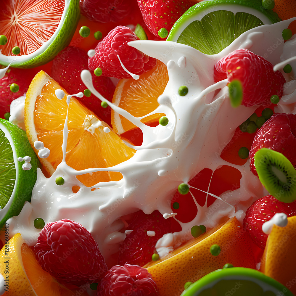 Vibrant Fruit Splash in Creamy Milk