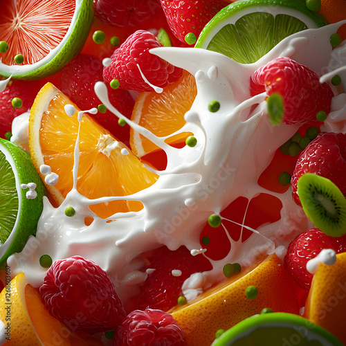 Obraz na płótnie Vibrant Fruit Splash in Creamy Milk w salonie