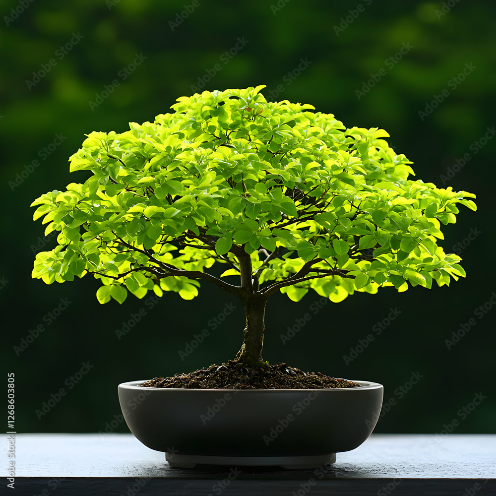 Vibrant Green Bonsai Tree in Dark Pot