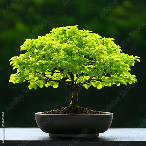 Obraz na płótnie Vibrant Green Bonsai Tree in Dark Pot w salonie