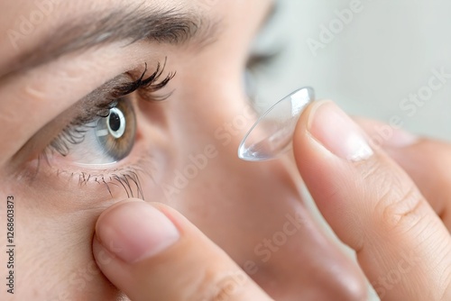 An extreme close-up of a person applying a transparent contact lens to their eye, showcasing the precision of lens application.