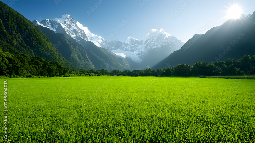 Obraz premium Vibrant Green Field and Majestic Snowy Mountains under a Sunny Sky