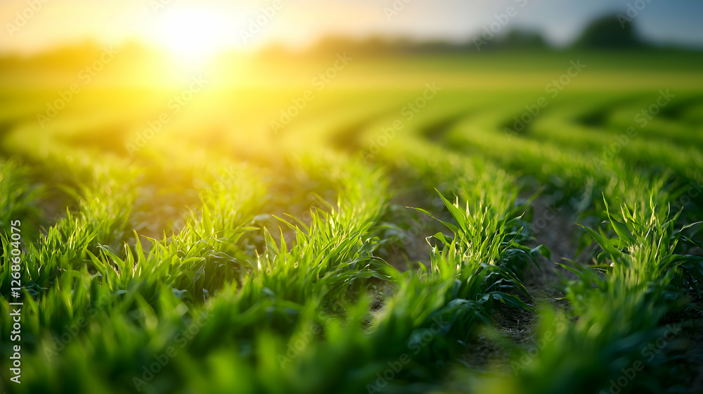 Vibrant Green Field at Sunrise