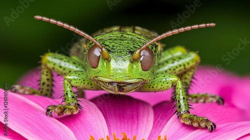 Close up of a vibrant green insect with spiky legs resting on a pink flower petal. The insect's detailed texture and large eyes are prominent against